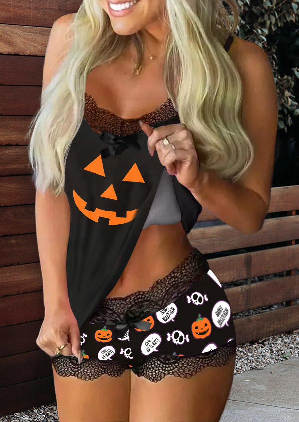 Pumpkin Face Lace Camisole And Shorts Pajamas Set - Black