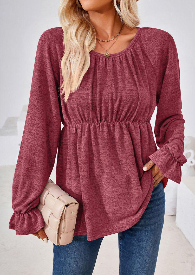 

Ruffled Elastic Cuff Long Sleeve Blouse - Cameo Brown, Red, SCM019333