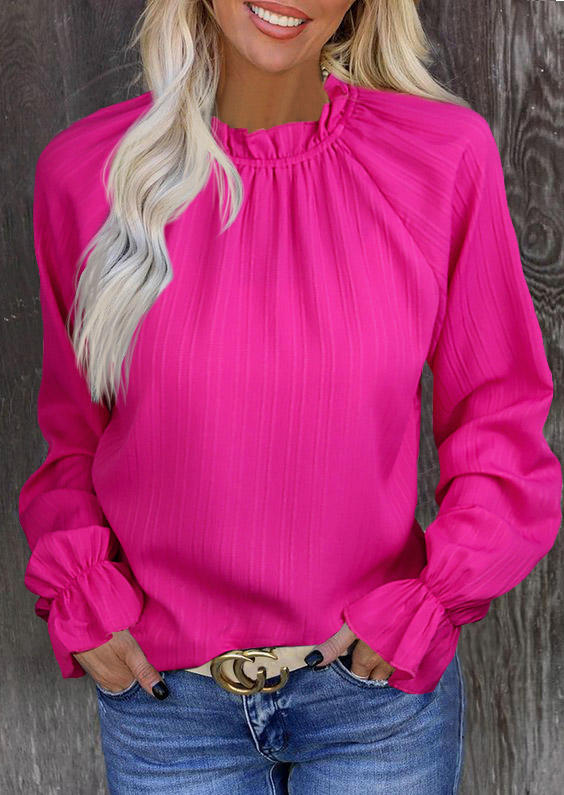 

Ruffled Long Sleeve Sweet Blouse - Rose Red, SCM019386