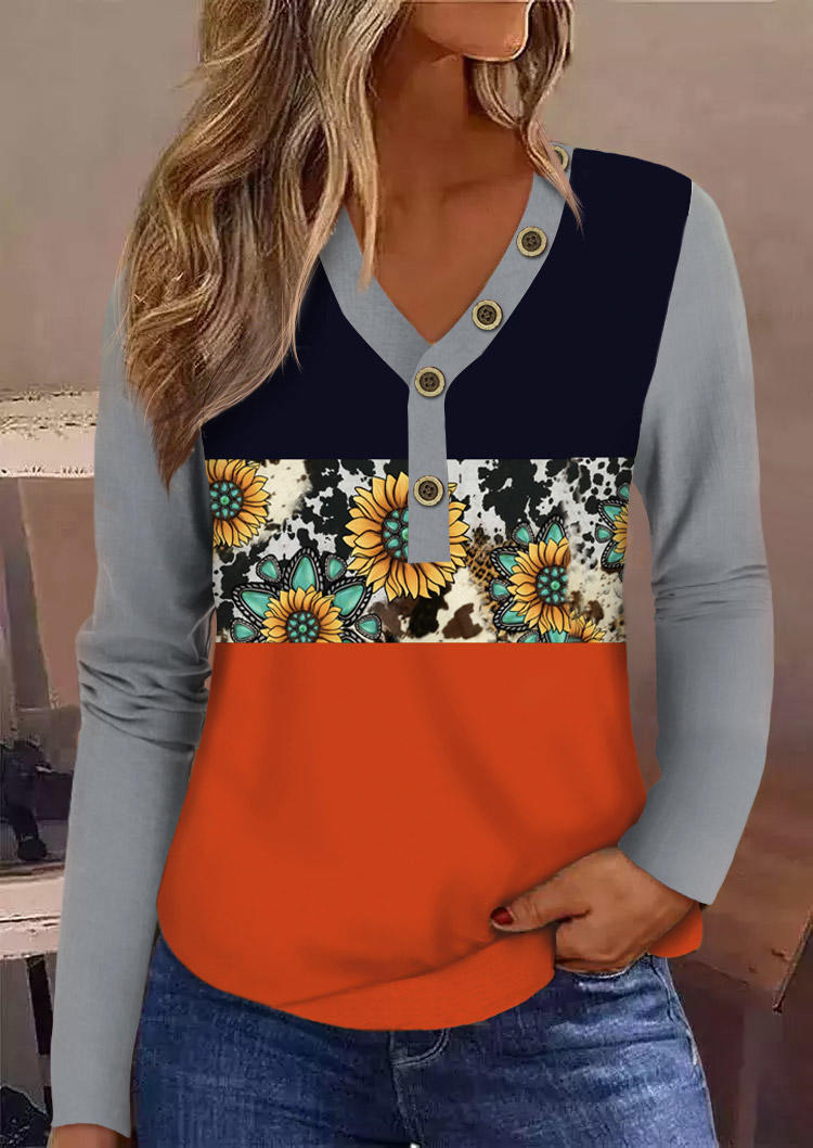 

Color Block Sunflower Turquoise V-Neck Blouse, Multicolor, SCM019450