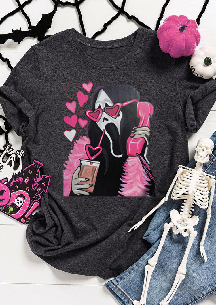 

Halloween Ghost Face Heart O-Neck T-Shirt Tee - Dark Grey, Gray, SCM019555