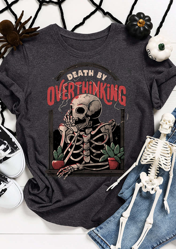 

Death By Overthinking Skeleton Retro T-Shirt Tee - Dark Grey, Gray, SCM019556