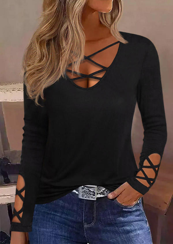 

Criss-Cross Elegant Long Sleeve Blouse - Black, SCM019098