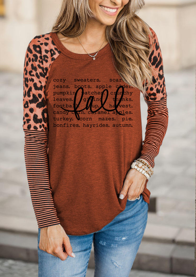 

Fall Cozy Leopard Striped Raglan Sleeve T-Shirt Tee - Brick Red, SCM019194