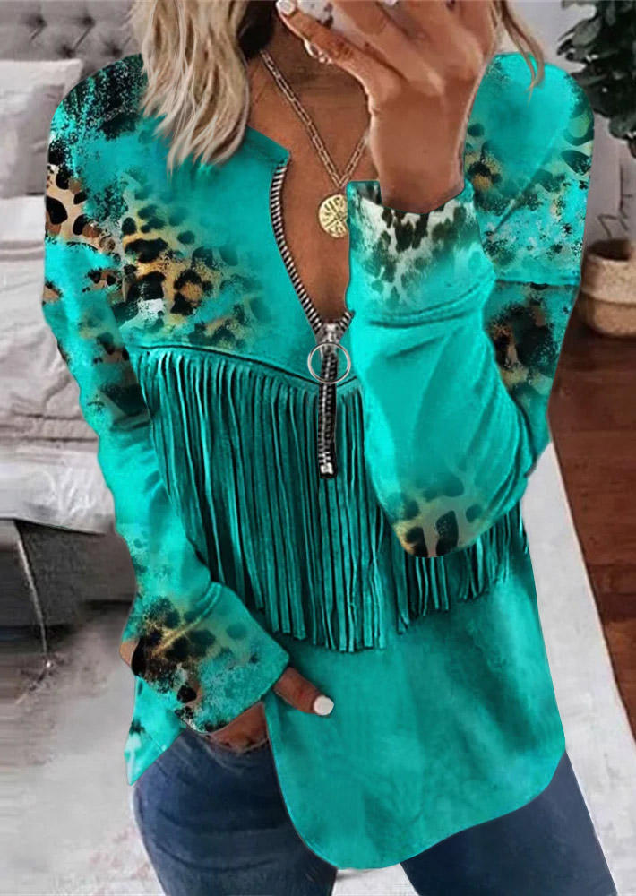 

Leopard Fake Tassel Zipper Collar Blouse - Green, SCM019250