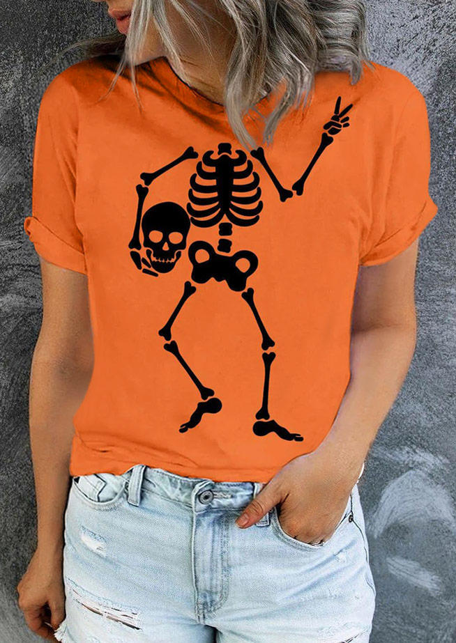 

Skeleton O-Neck T-Shirt Tee - Orange, SCM019291