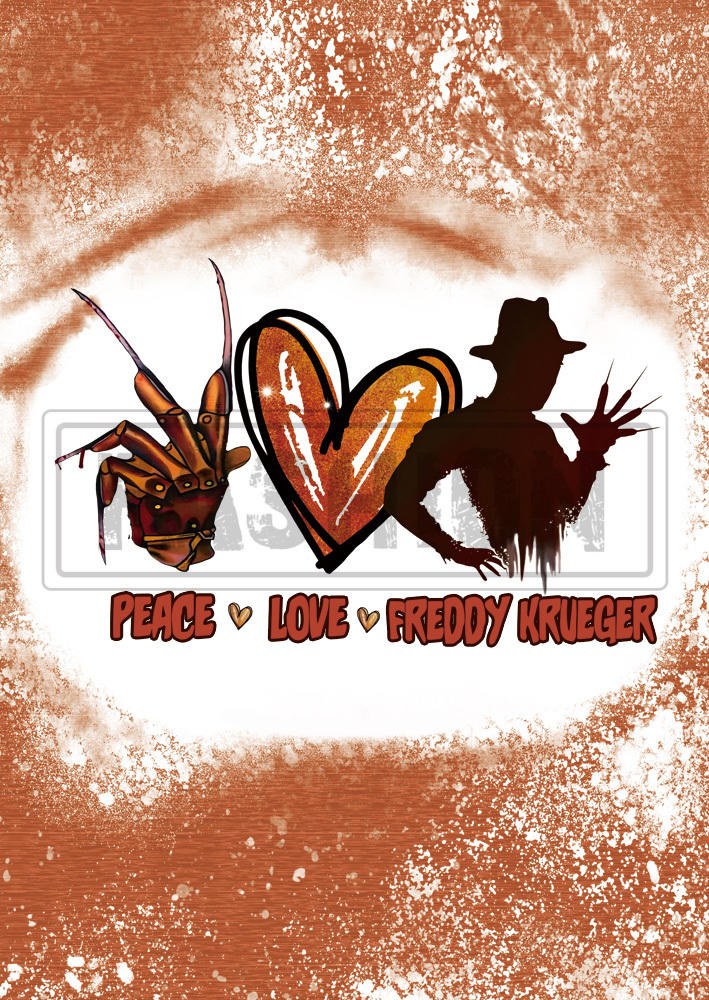Peace Love Freddy Krueger Bleached T-Shirt Tee - Orange