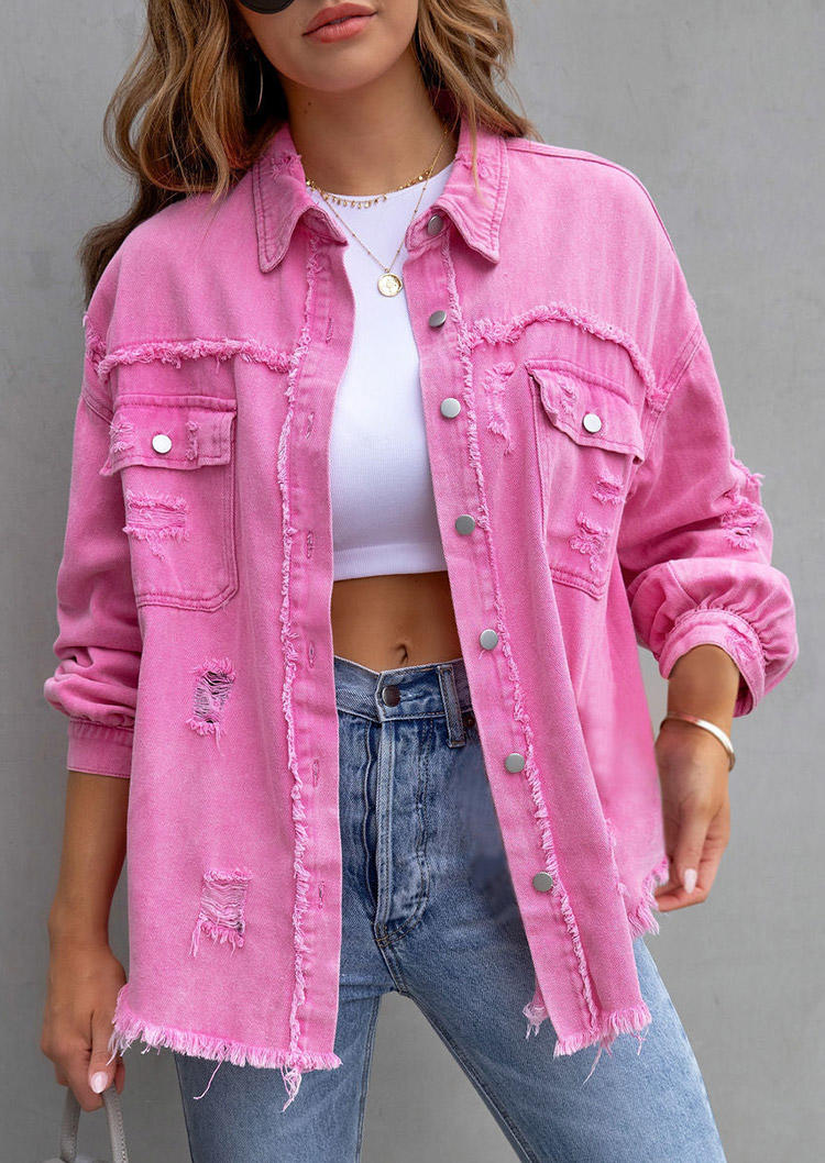 

Frayed Hem Pocket Button Long Sleeve Jacket - Pink, SCM019420