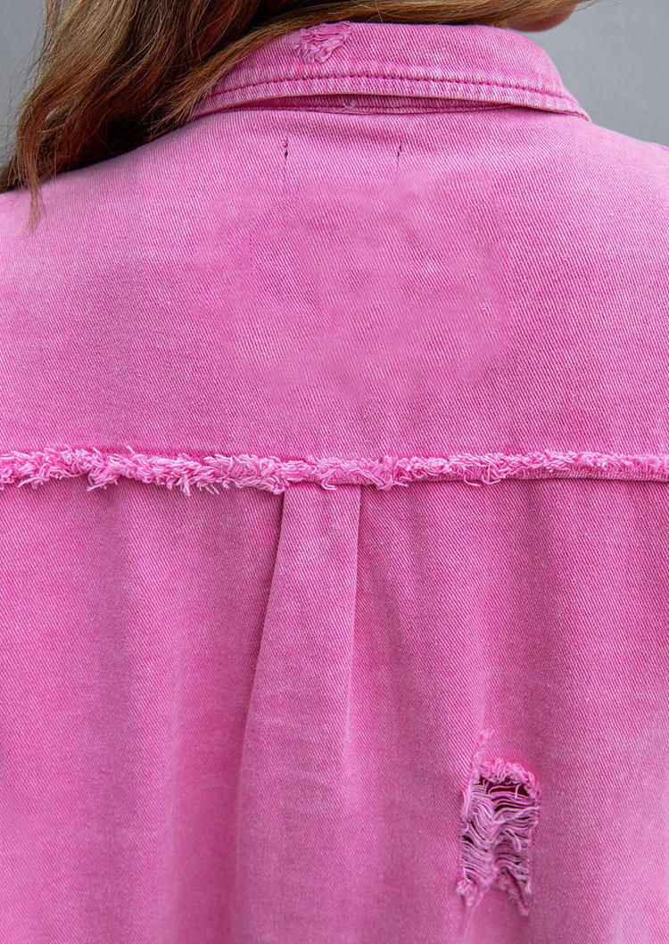 Frayed Hem Pocket Button Long Sleeve Jacket - Pink