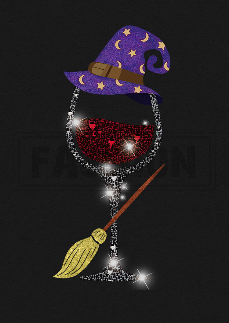 Witch Hat Wine Glass T-Shirt Tee - Black