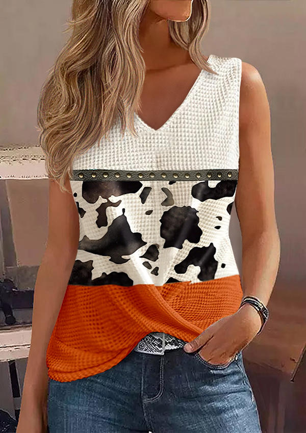 

Cow Color Block Twist Waffle V-Neck Tank, Multicolor, SCM019520