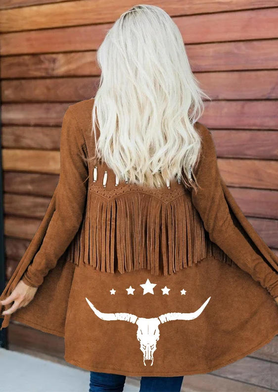 

Steer Skull Star Fake Tassel Open Front Cardigan - Brown, SCM019588