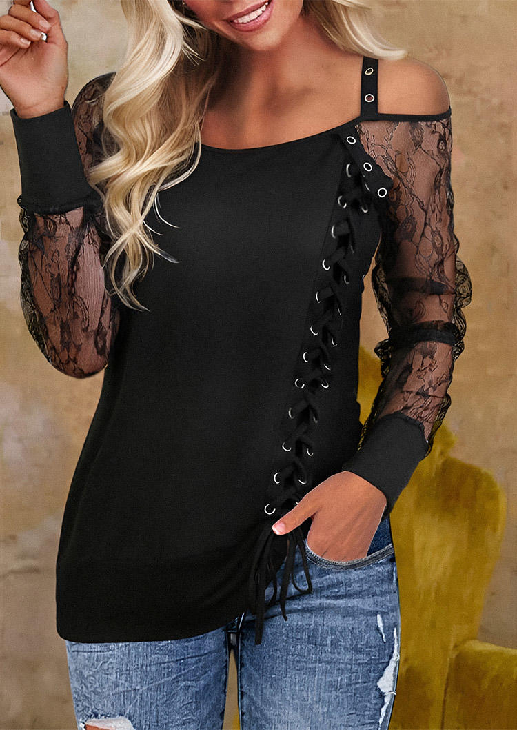 

Lace Up Eyelet One Sided Cold Shoulder Blouse - Black, SCM019263