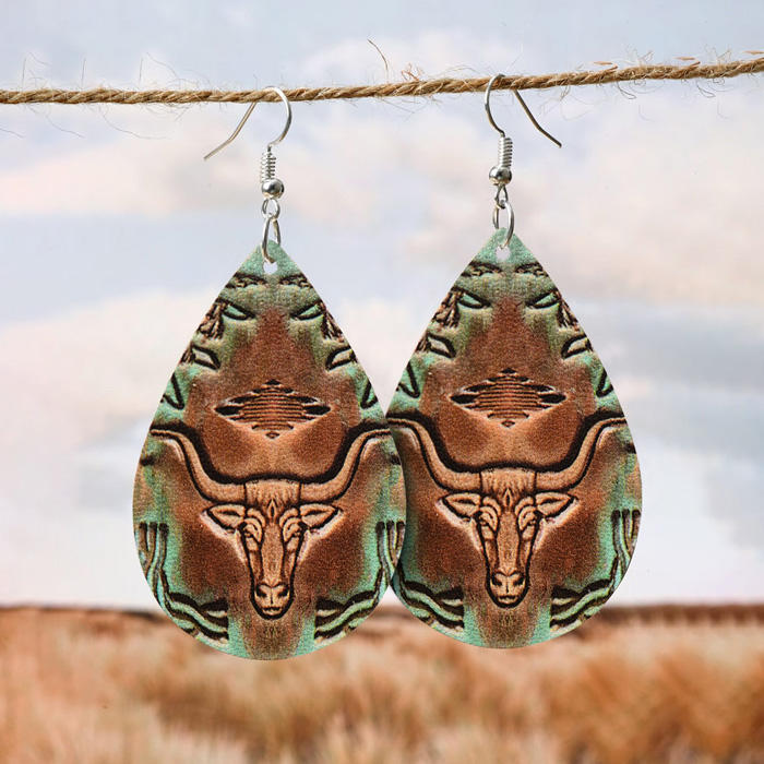 Steer Skull Abstract Graphic Leather Western Earrings