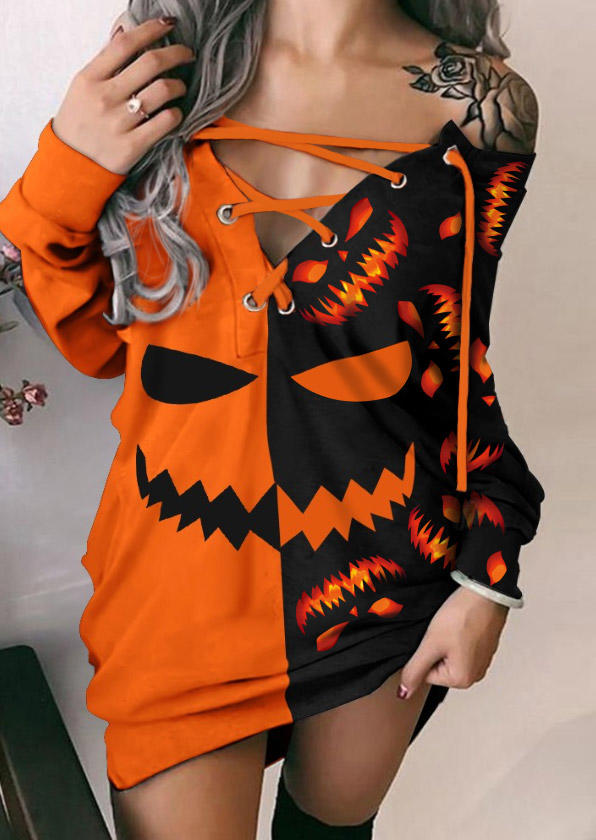 

Halloween Color Block Pumpkin Face Eyelet Lace Up Sweatshirt Dress - Black, SCM019382