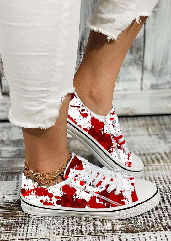 Blood Splatter Frayed Lace Up Flat Sneakers - Red