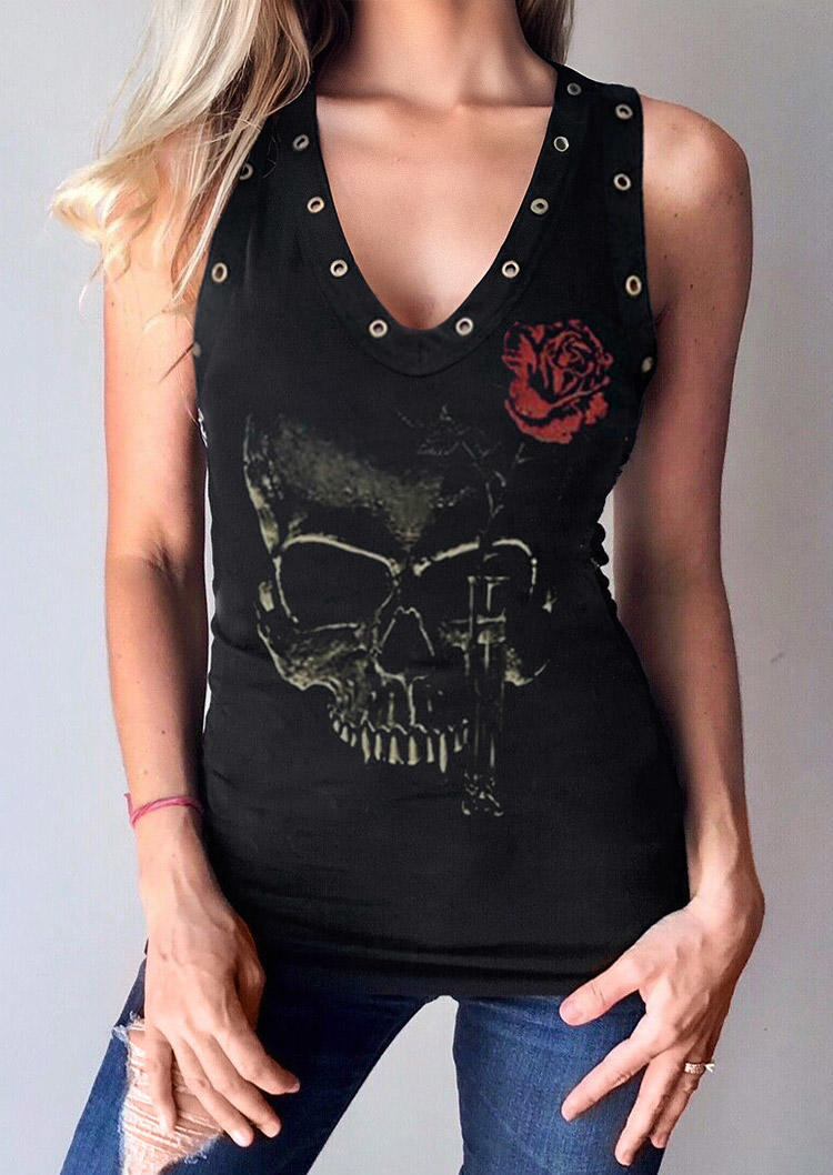 

Halloween Rose Skull Eyelet Tank - Black, SCM019559