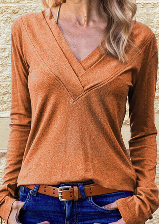 

Long Sleeve V-Neck Casual Blouse - Orange, SCM018914