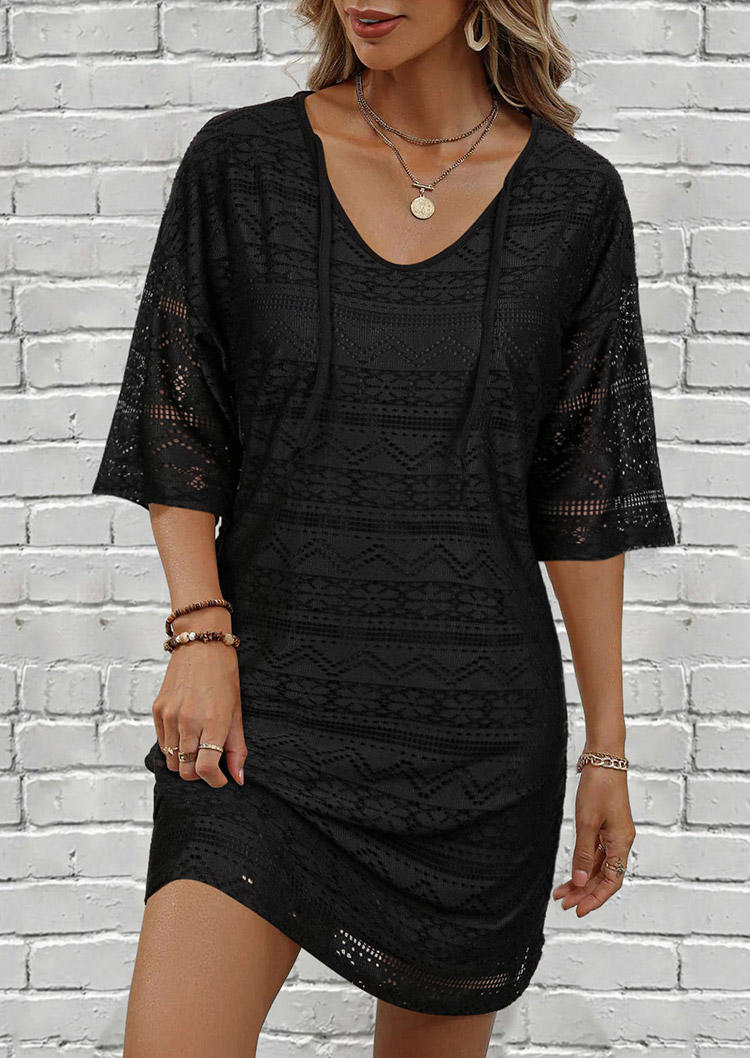 

Lace Up Half Sleeve V-Neck Hollow Out Crochet Mini Dress, Black, SCM019003