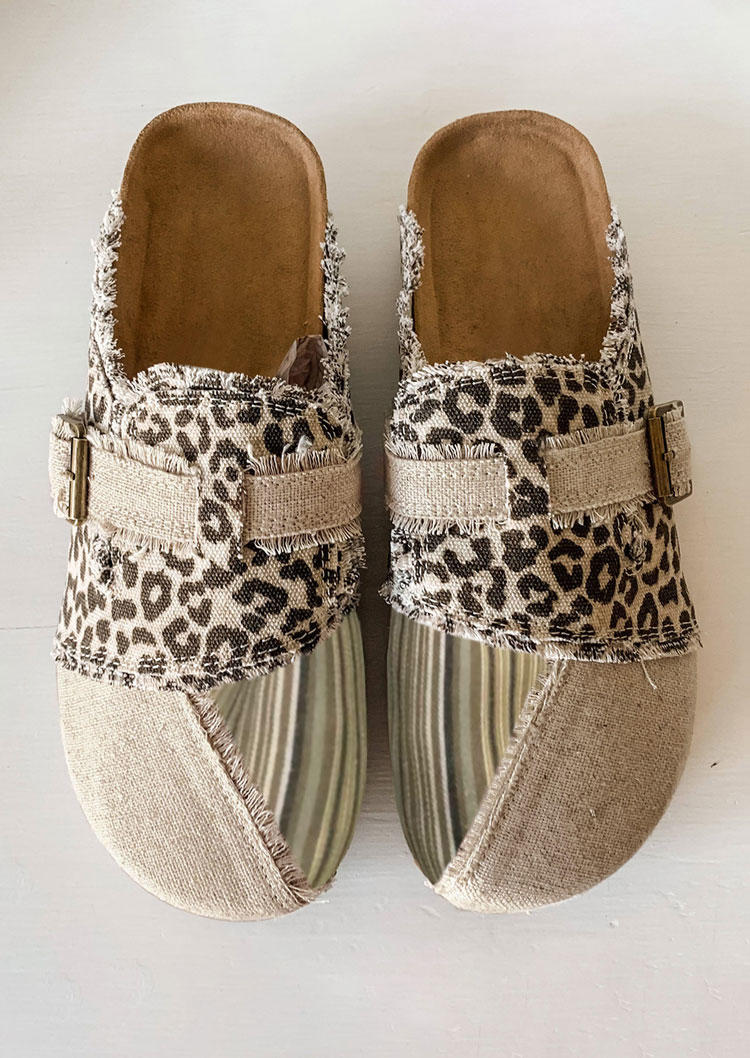 Leopard Buckle Strap Round Toe Flat Slippers