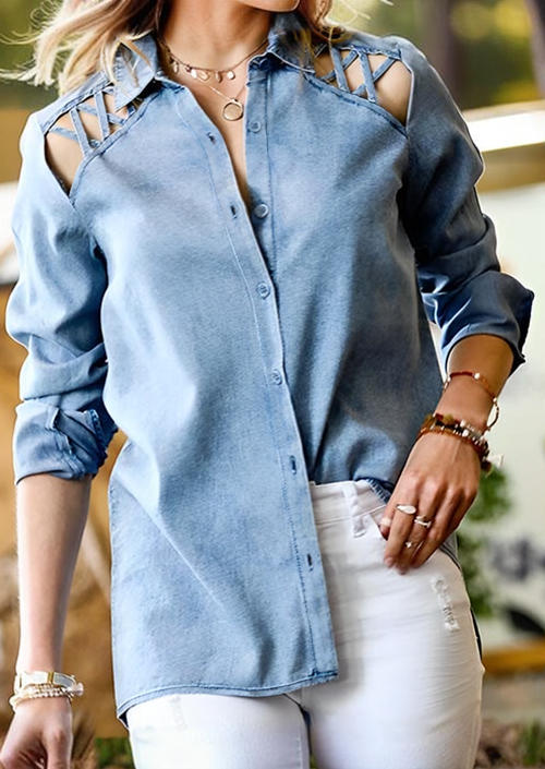 

Criss-Cross Cut Out Long Sleeve Shirt - Light Blue, SCM019209