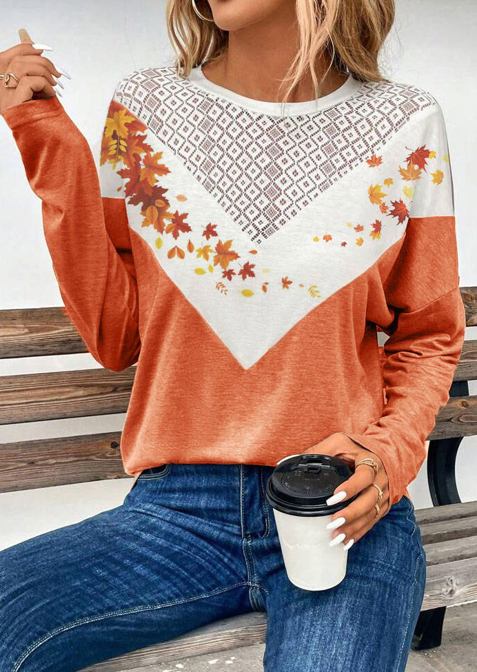

Maple Leaf Lace Splicing O-Neck Blouse - Orange, SCM019226