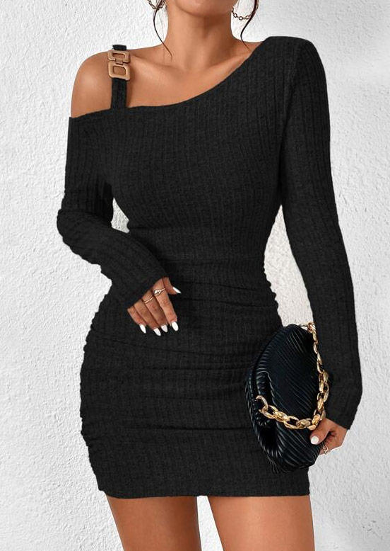 

Ribbed One Sided Cold Shoulder Bodycon Dress - Black, SCM019276