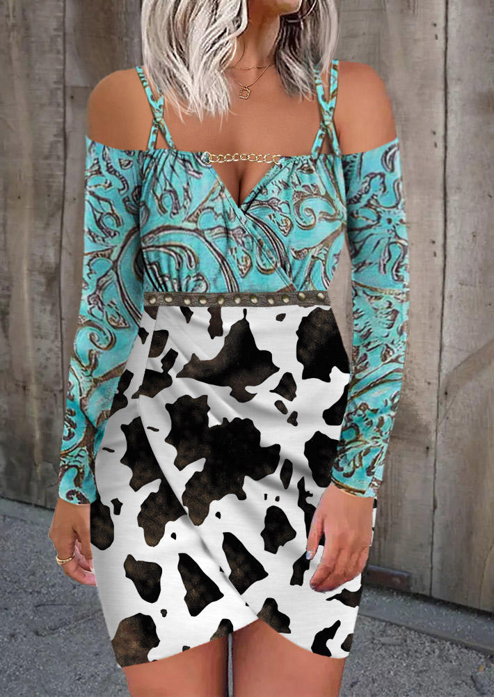 

Cow Criss-Cross Cold Shoulder Hollow Out Chains Mini Dress, Multicolor, SCM019335