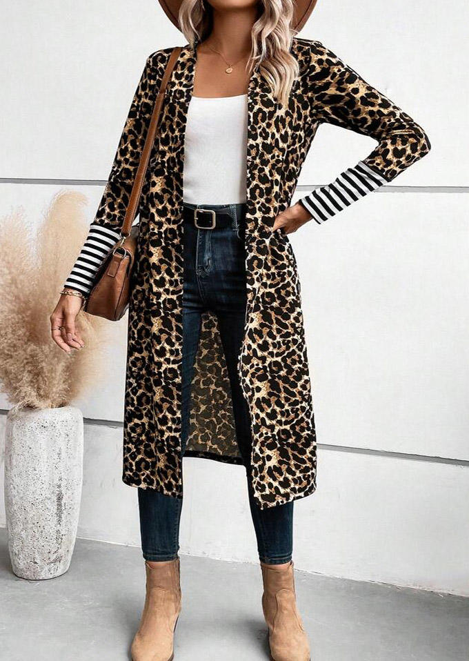 

Leopard Striped Long Sleeve Open Front Cardigan, Multicolor, SCM019352