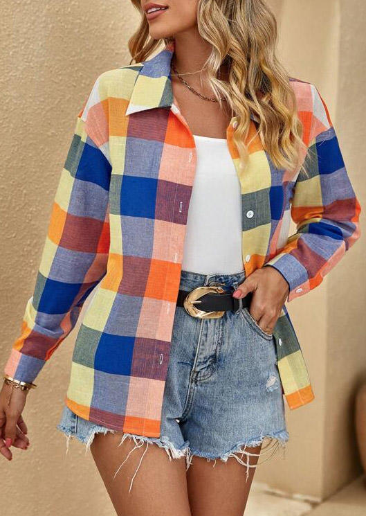 

Plaid Turn-Down Collar Long Sleeve Shirt, Multicolor, SCM019405
