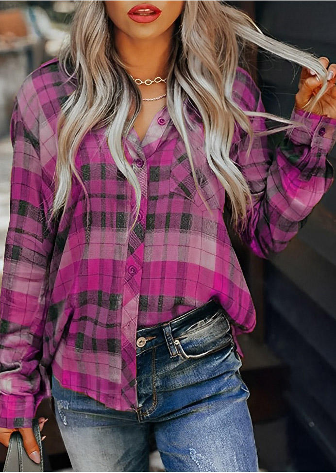 

Plaid Pocket Button Long Sleeve Shirt, Multicolor, SCM019447