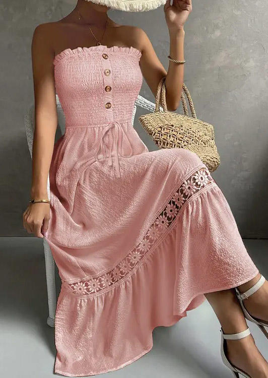 

Smocked Strapless Bandeau Ruffled Lace Splicing Maxi Dress - Pink, SCM019536