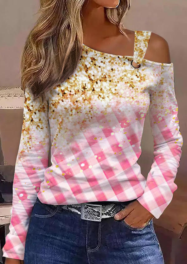 Plaid Glitter One Sided Cold Shoulder Blouse