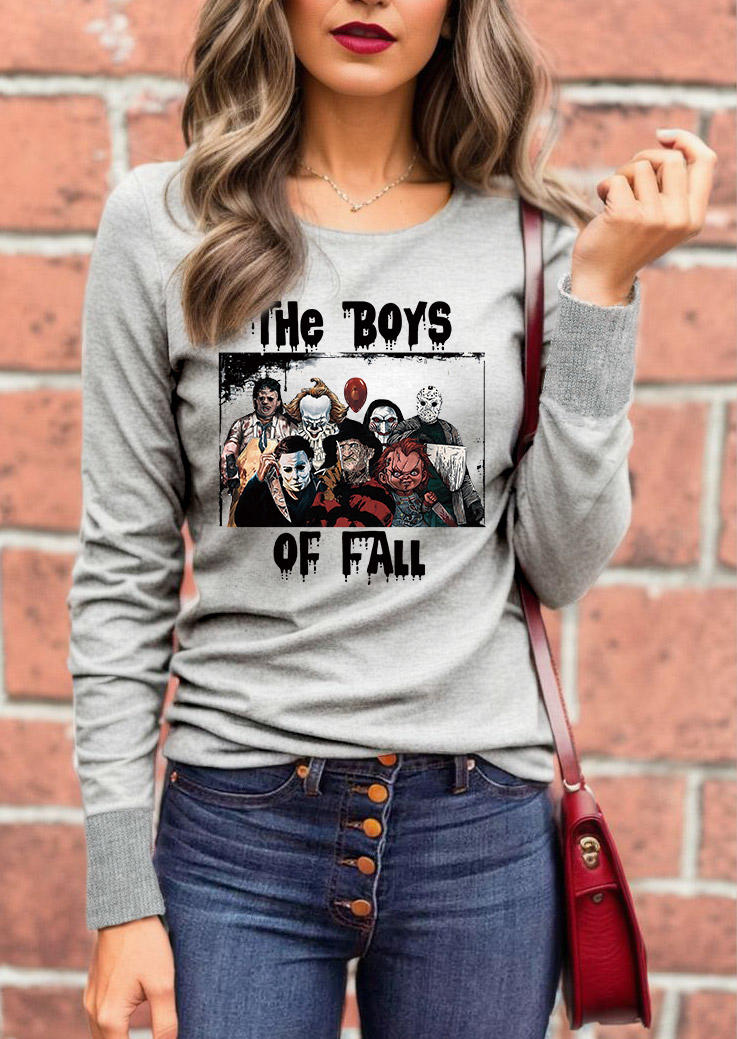 

Halloween Horror Movie Graphic Long Sleeve Blouse - Gray, SCM019721