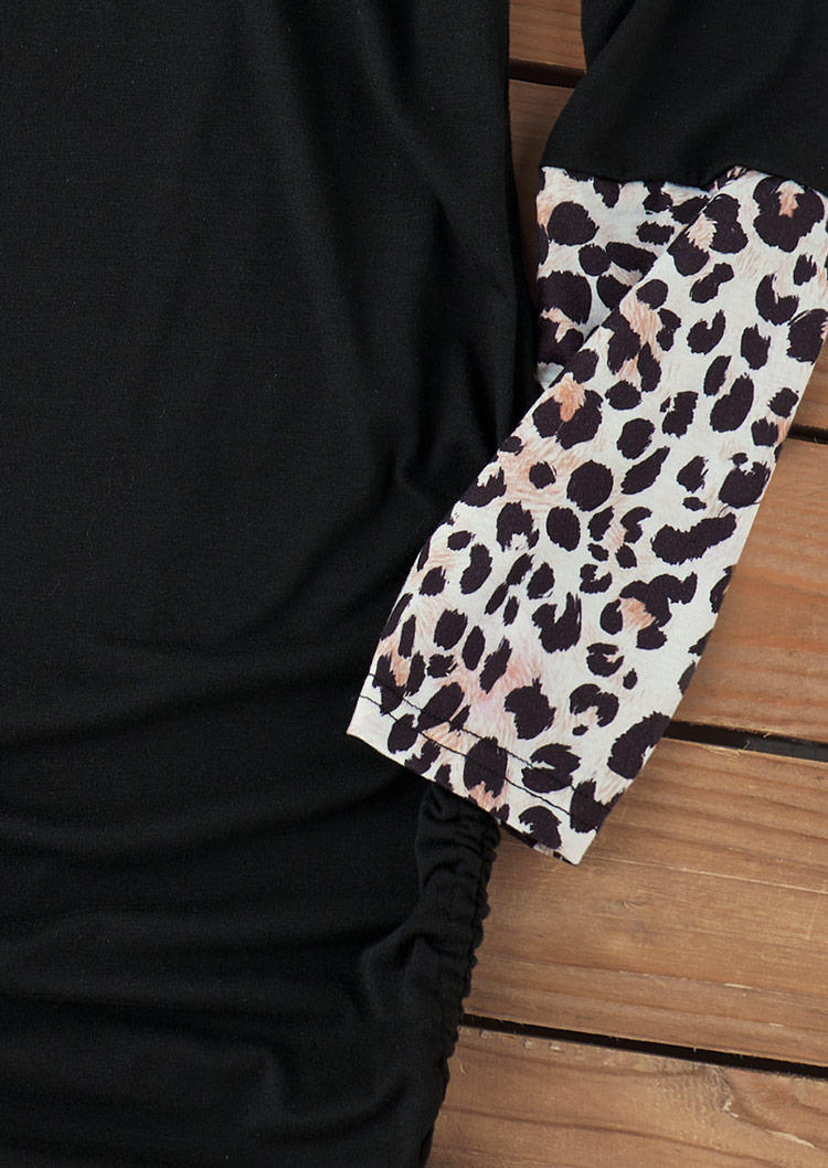 Leopard Button Drawstring Long Sleeve Bodycon Dress - Black