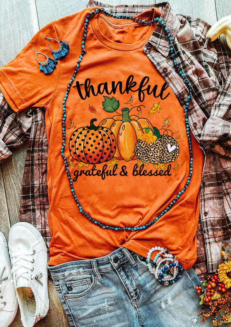 

Thankful Grateful & Blessed Leopard Pumpkin T-Shirt Tee - Orange, SCM019658