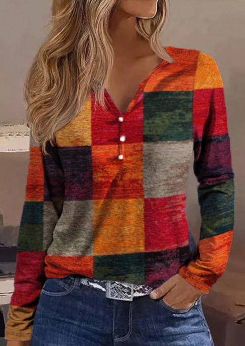 

Colorful Plaid Button Notched Neck Long Sleeve Blouse, Multicolor, SCM019527