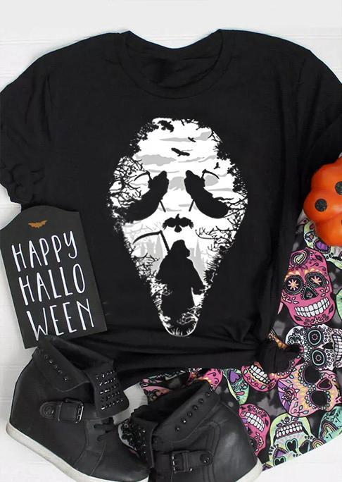 

Halloween Ghost Face Witch O-Neck T-Shirt Tee - Black, SCM019770