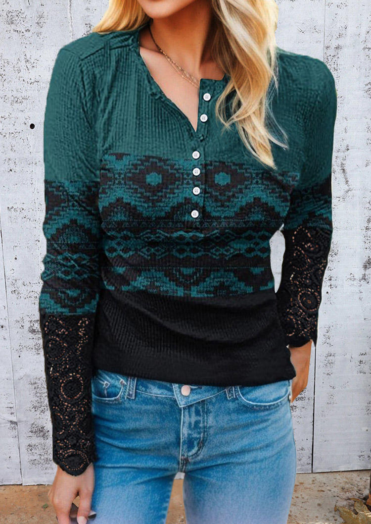 

Aztec Geometric Lace Button Long Sleeve Blouse, Multicolor, SCM018967
