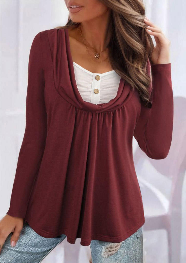 

Color Block Ruffled Button Fake Two-Piece Blouse - Burgundy, Red, SCM019157