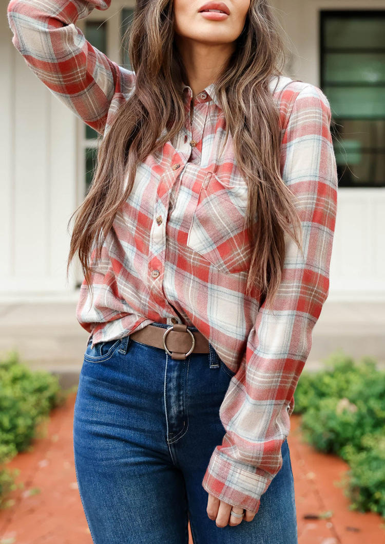 

Plaid Pocket Button Long Sleeve Shirt, Multicolor, SCM019383