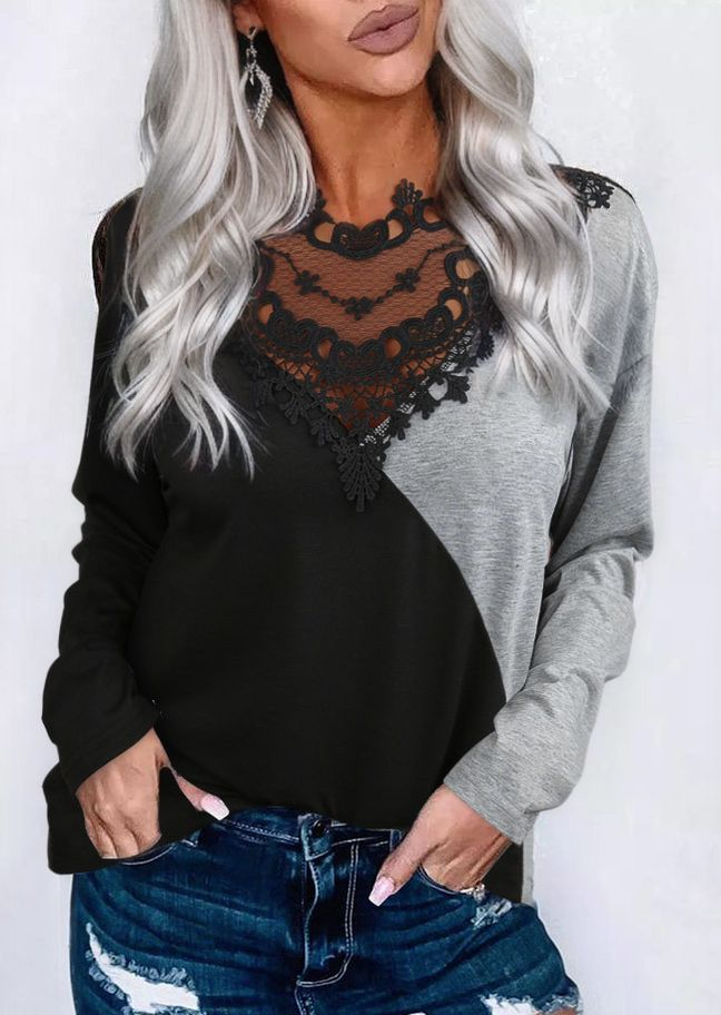 

Color Block Lace Splicing Long Sleeve Blouse, Multicolor, SCM019416