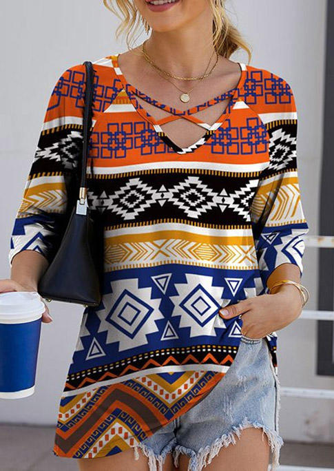 

Aztec Geometric Criss-Cross Long Sleeve Blouse, Multicolor, SCM019502