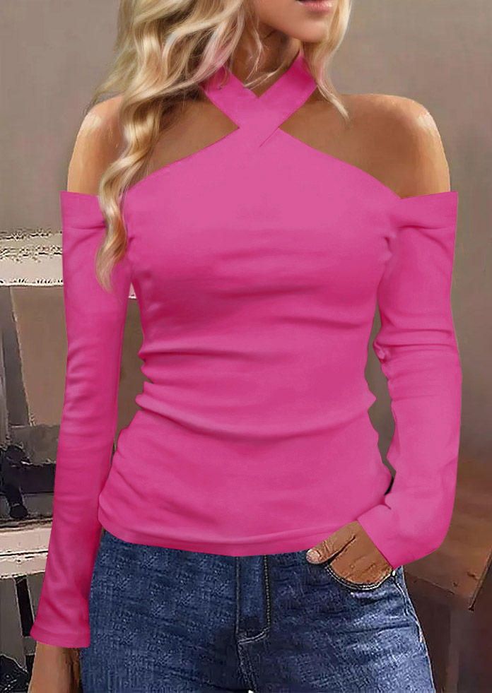 Long Sleeve Cold Shoulder Halter Blouse - Pink