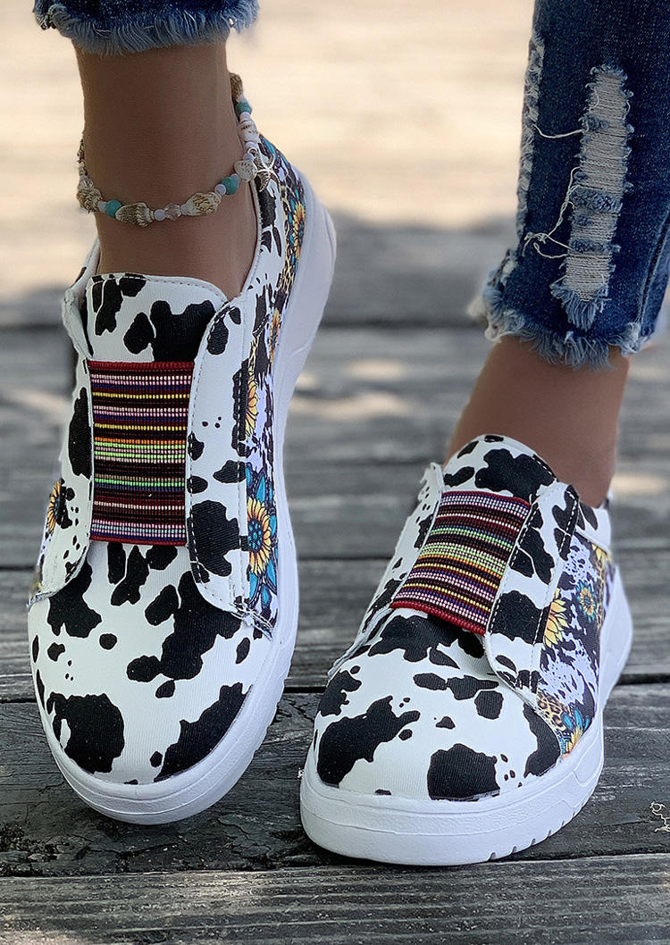 

Western Serape Striped Cow Leopard Sunflower Flat Sneakers, Multicolor, SCM019649