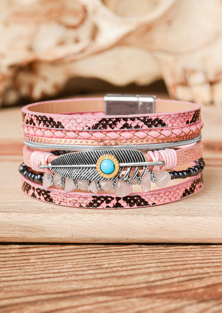 

Feather Turquoise Magnetic Buckle Bracelet, Pink, SCM019650