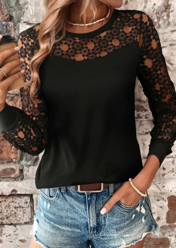 

Lace Splicing Long Sleeve O-Neck Blouse - Black, SCM019675
