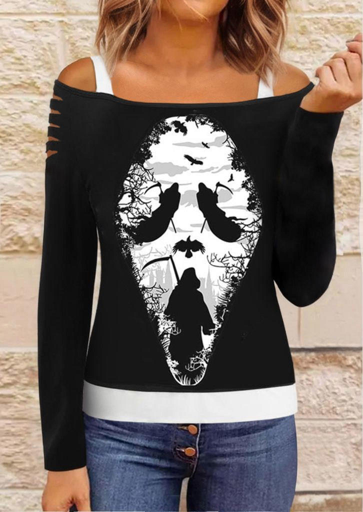 

Halloween Ghost Face Witch Cold Shoulder Fake Two-Piece Blouse - Black, SCM019769