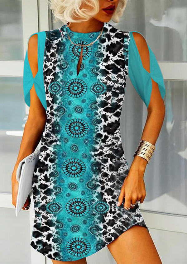 Western Cow Turquoise Hollow Out Cold Shoulder Mini Dress