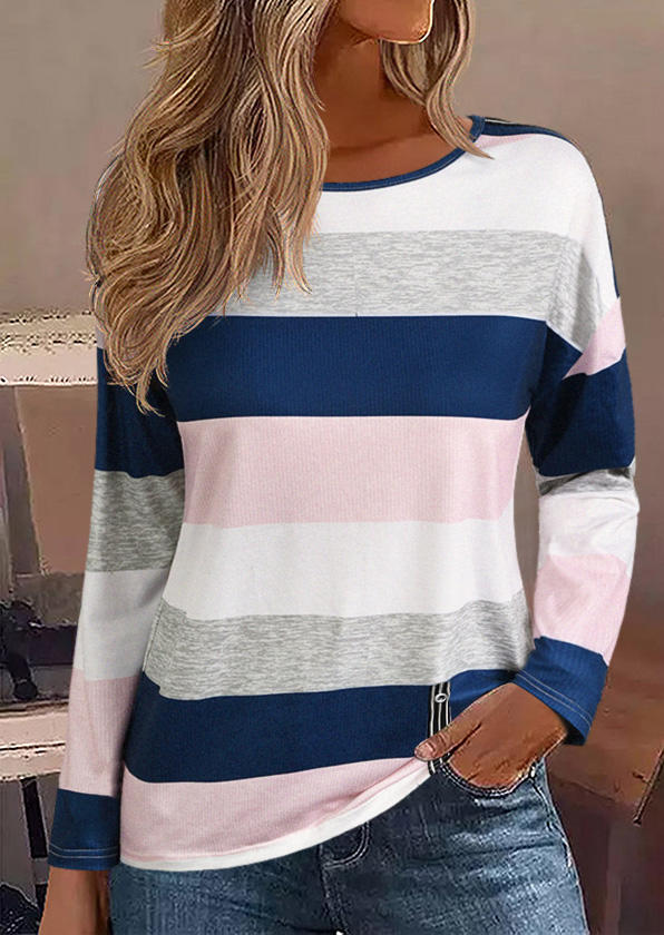 

Color Block Striped Long Sleeve Blouse, Multicolor, SCM018885